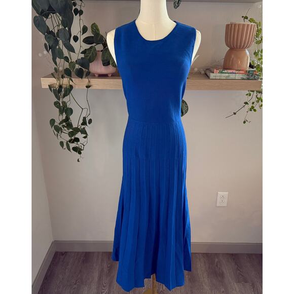 Edited by Remi Bader Royal Blue Pleated Knit Midi Dress L Stretch Comfort - Picture 1 of 9
